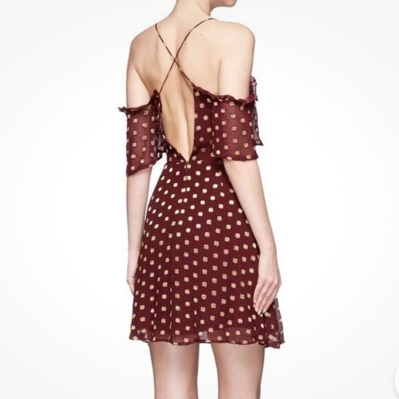 Topshop A Line Off the Shoulder Mini Dress Burgundy w Gold Metallic Polka Dots 4 - Picture 2 of 15